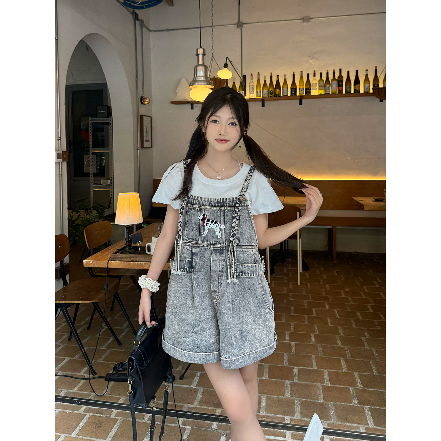 KEIKO 鬼马少女风编织背带牛仔裤夏季复古美式宽松薄款阔腿短裤子