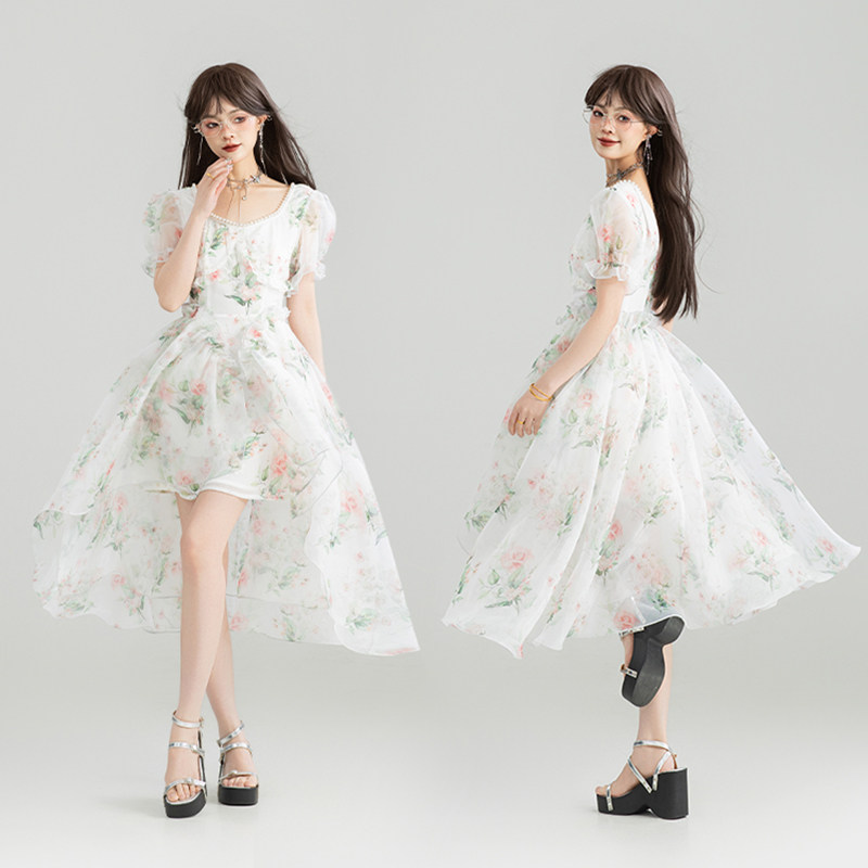 KEIKO [两穿]绝美薄纱拼接碎花连衣裙夏季海边度假蓬蓬白色公主裙