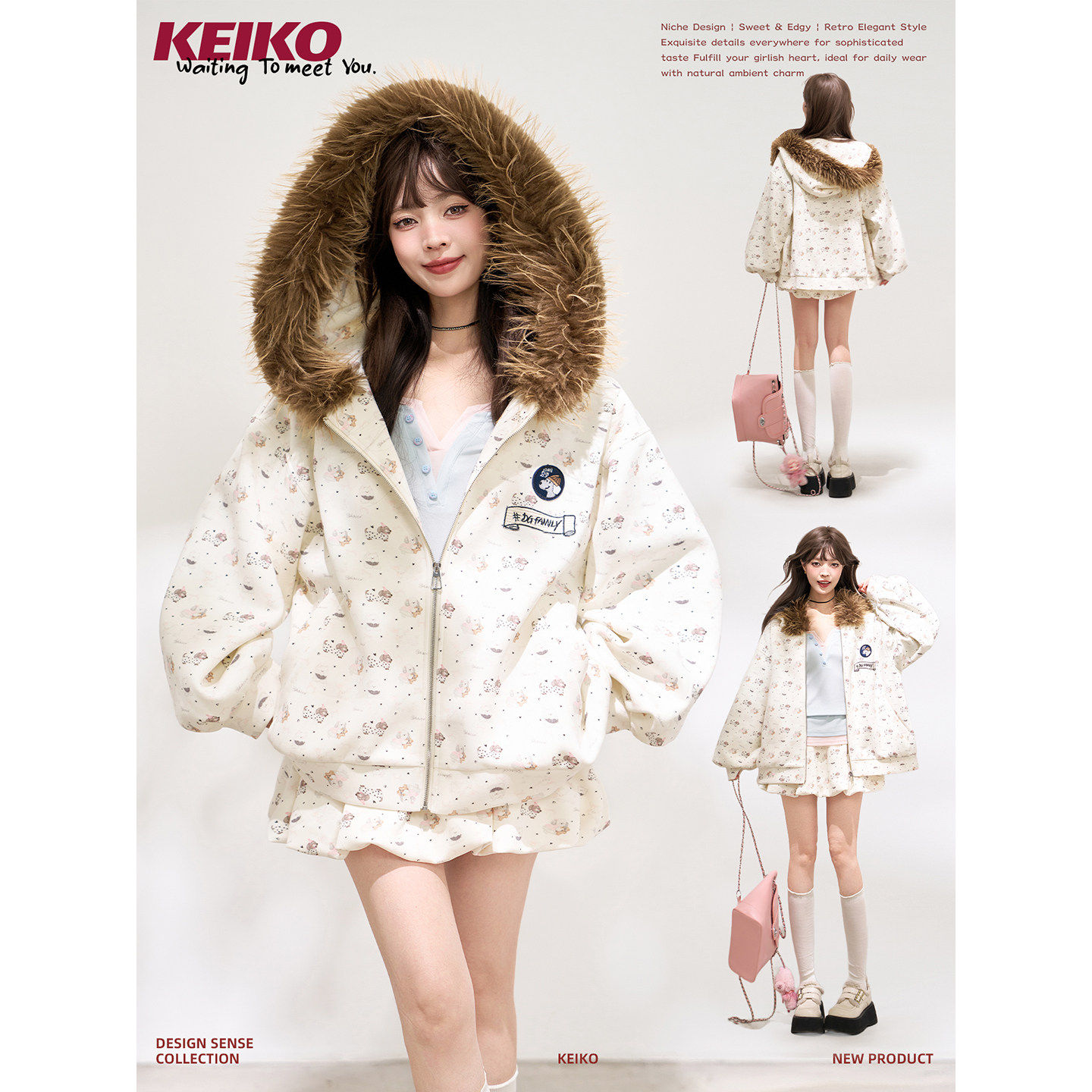 KEIKO白色连帽卫衣女廓形拉链