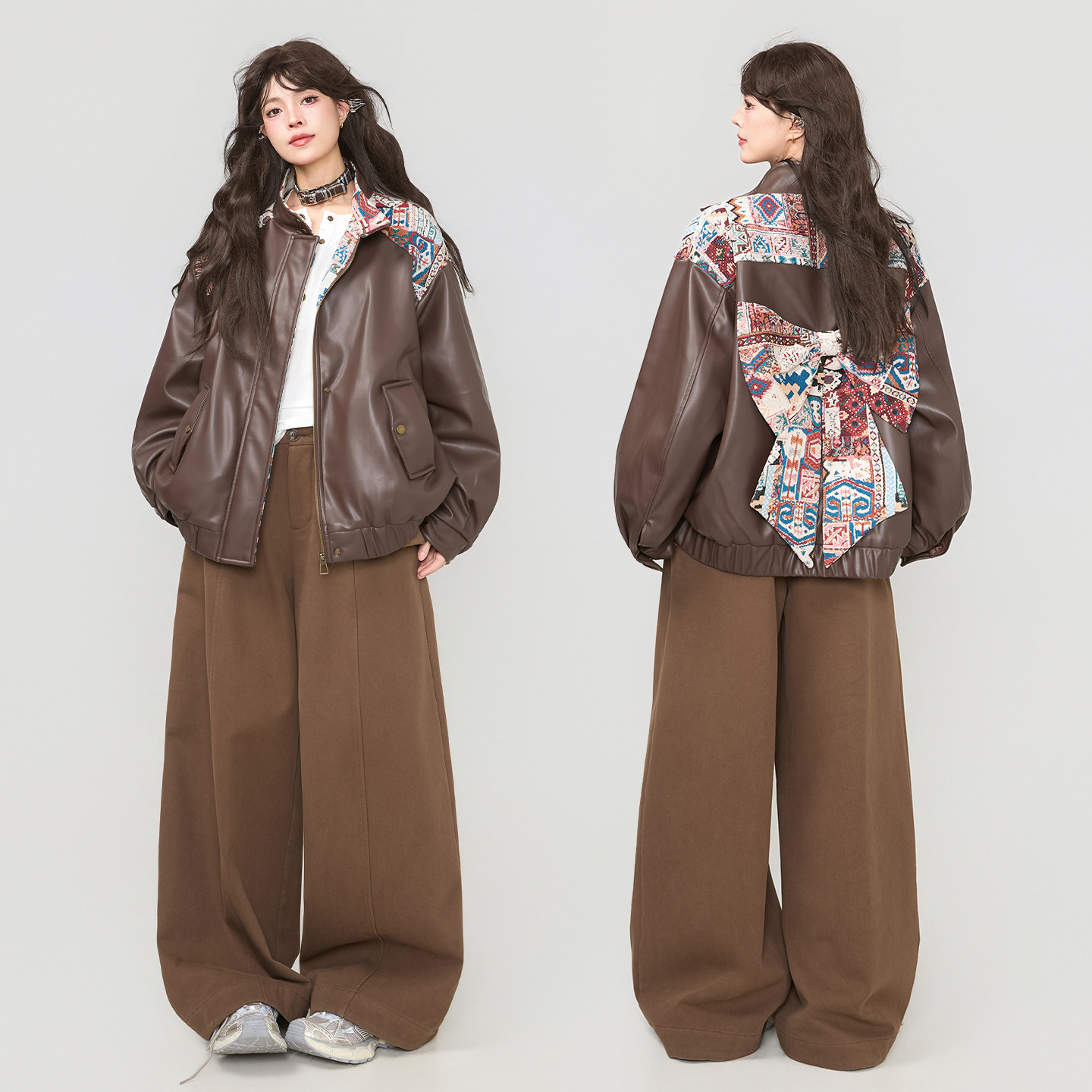 KEIKO[夹棉] 异域感提花蝴蝶结拼接皮衣外套女25冬季挺廓机车夹克