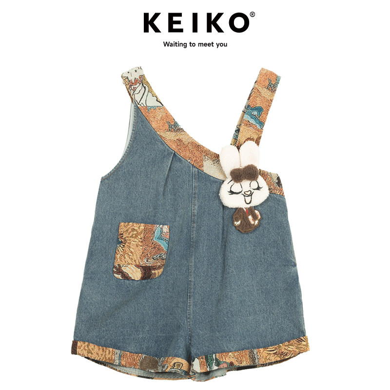 KEIKO 鬼马少女感提花拼接背带牛仔裤24夏季减龄显瘦宽松阔腿短裤
