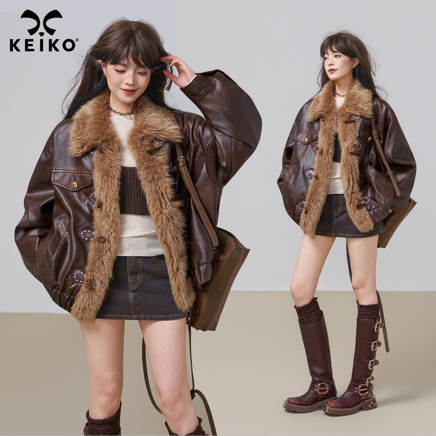KEIKO[夹棉] 擦色毛绒拼接皮衣棉服女秋冬美拉德棕色廓形毛领外套