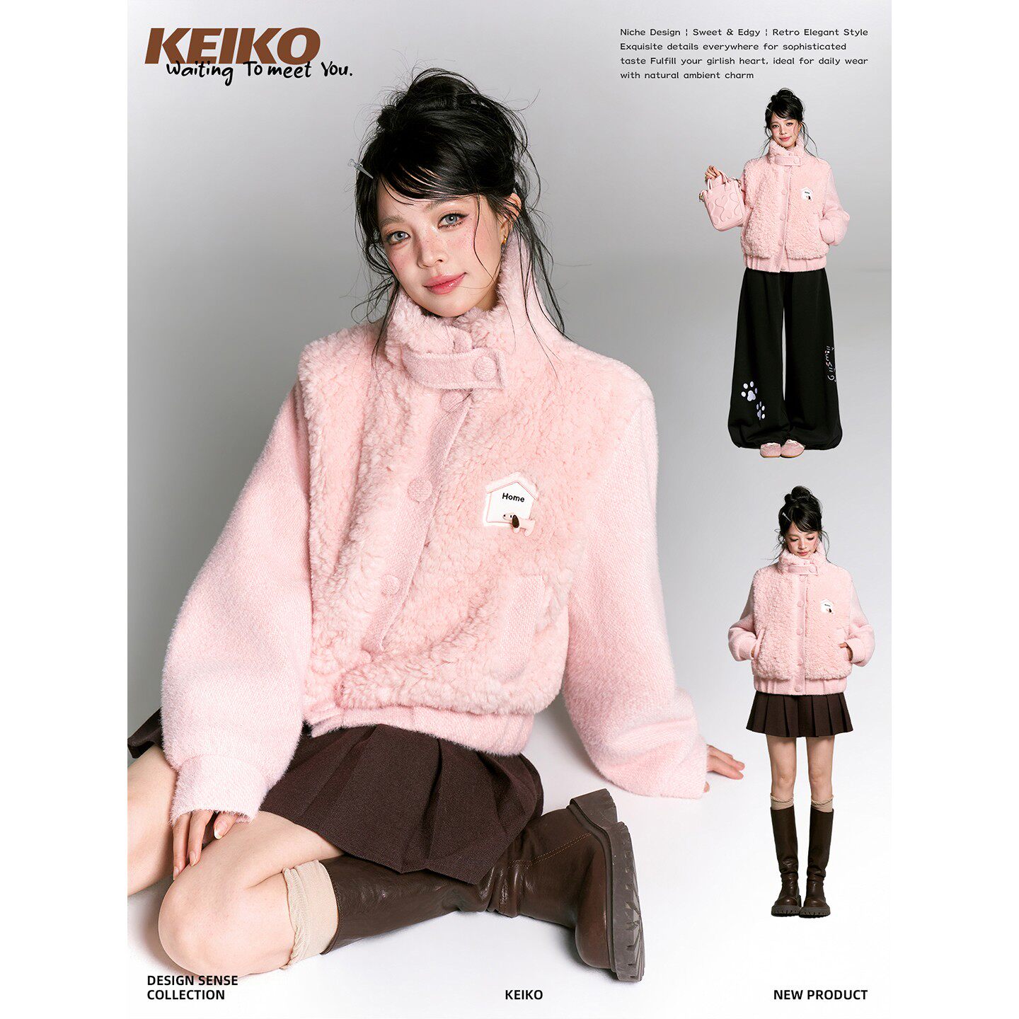 KEIKO韩系粉色羊羔毛呢短款外套