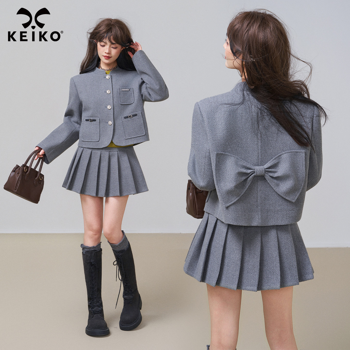 KEIKO 格雷系灰色毛呢外套两件套装女秋冬智性通勤中山领短款大衣图片