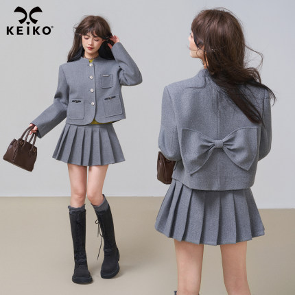 KEIKO 格雷系灰色毛呢外套两件套装女秋冬智性通勤中山领短款大衣