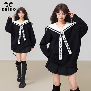 KEIKO 提花海军领黑色针织衫女2025冬季学院风减龄宽松厚毛衣外套