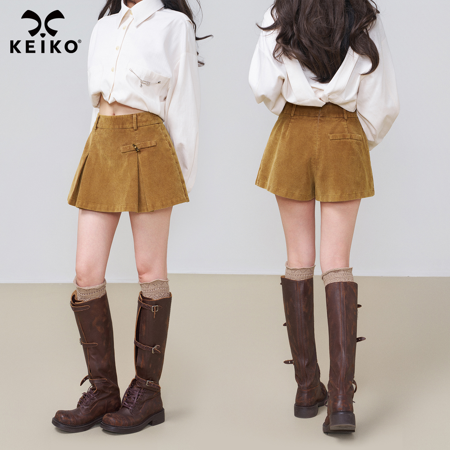 KEIKO 复古灯芯绒休闲裙裤半身裙2025秋冬高腰显瘦A字阔腿短裤子