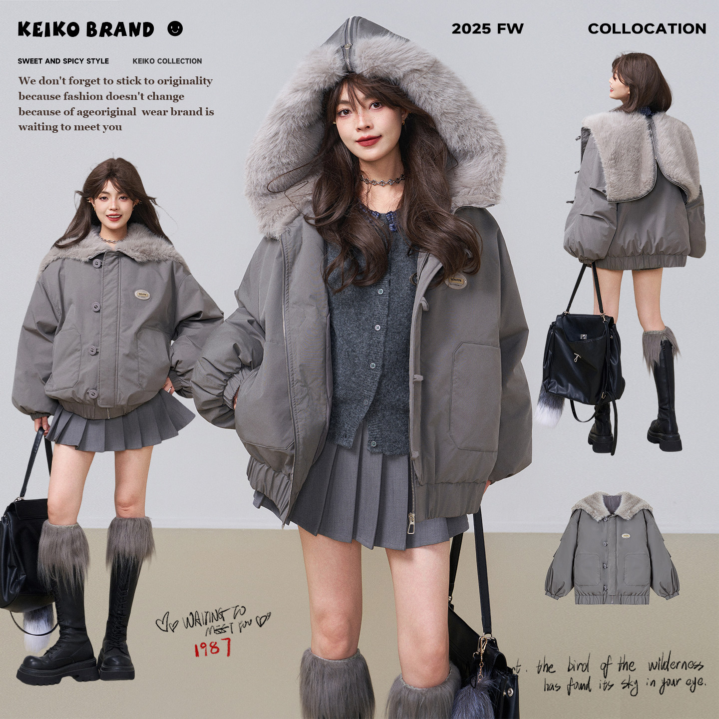 KEIKO 高级感灰色短款工装棉服冬季时髦毛绒系披肩连帽加厚派克服