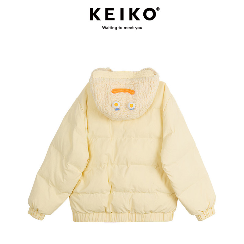 KEIKO 趣味卡通连帽短款棉衣棉服24冬季气质奶黄色加厚外套小棉袄