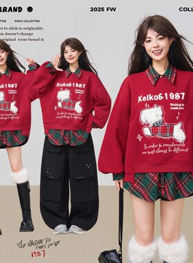 KEIKO [加密绒]小狗绣花红色卫衣女秋冬美式圣诞新年穿搭短款上衣