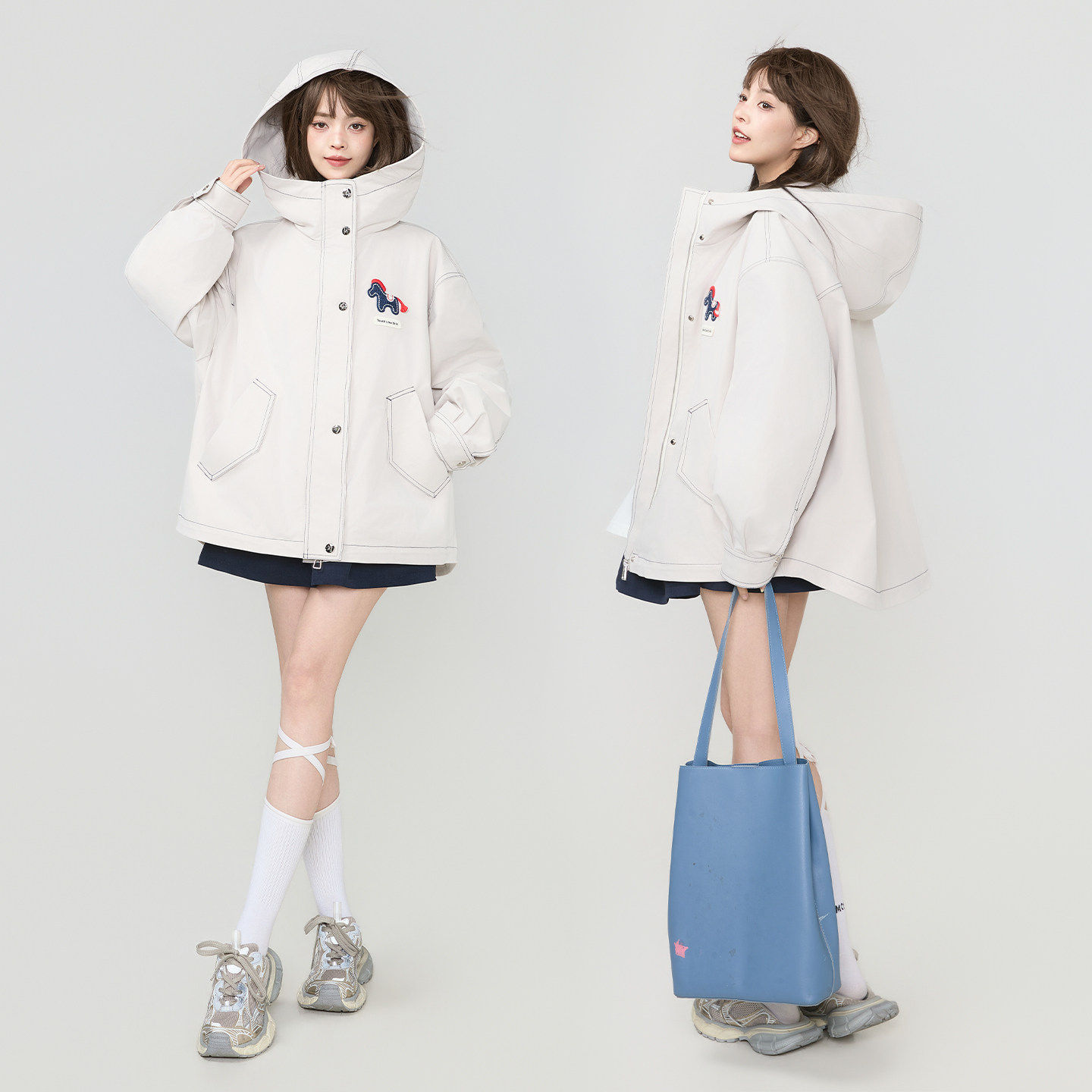 KEIKO 高级简约缉明线连帽外套女26春夏机能风廓形宽松工装派克服