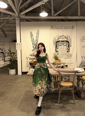 KEIKO 法式提花碎花吊带连衣裙25春夏出游穿搭绿色打揽显瘦长裙子