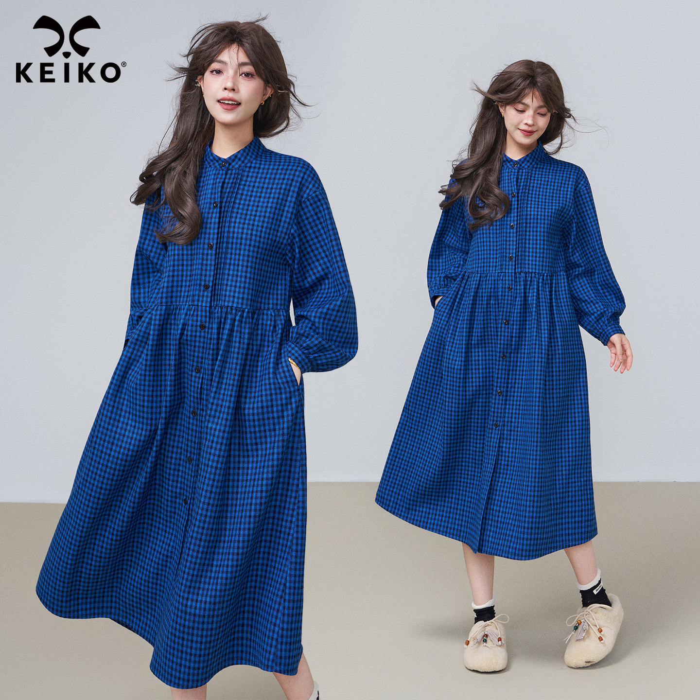 KEIKO 文艺感蓝色格纹磨毛连衣裙25秋季覆古灯笼袖A子大摆衬衫裙