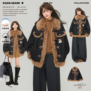 高级感羊羔毛拼接棉服 覆古毛绒翻领牛仔外套冬季 KEIKO 绗缝夹棉
