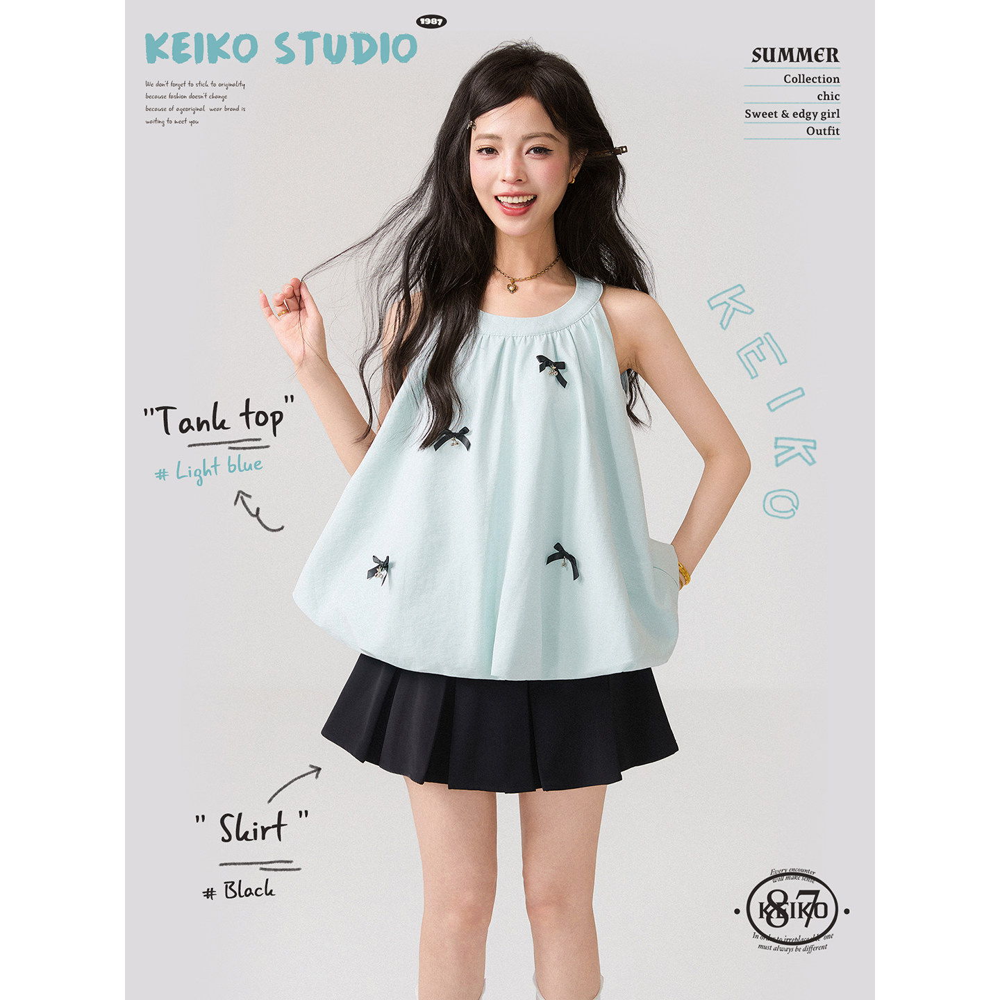 KEIKO 薄荷味夏日穿搭无袖花苞上衣夏季蝴蝶结饰宽松挂脖衬衫小衫