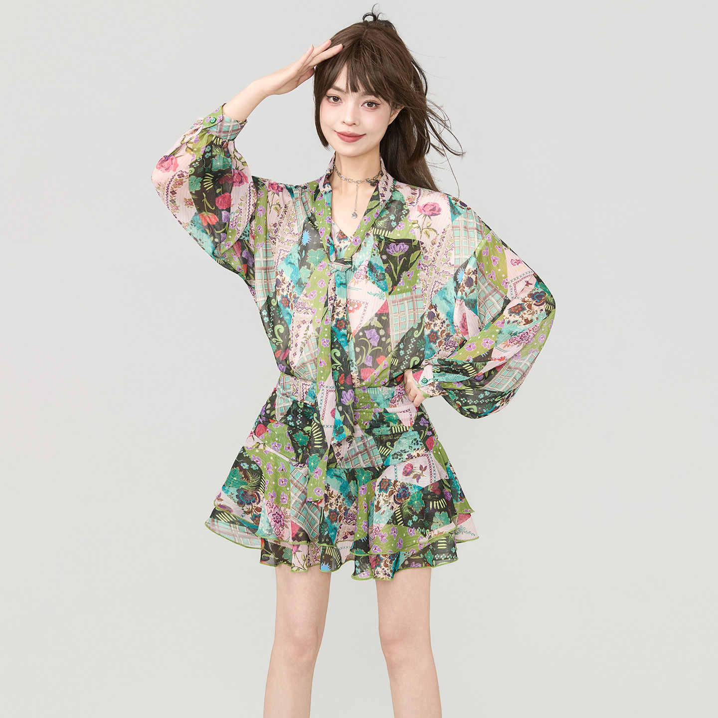 KEIKO 波嬉风碎花飘带雪纺连衣裙26夏季复古灯笼袖荷叶边度假短裙