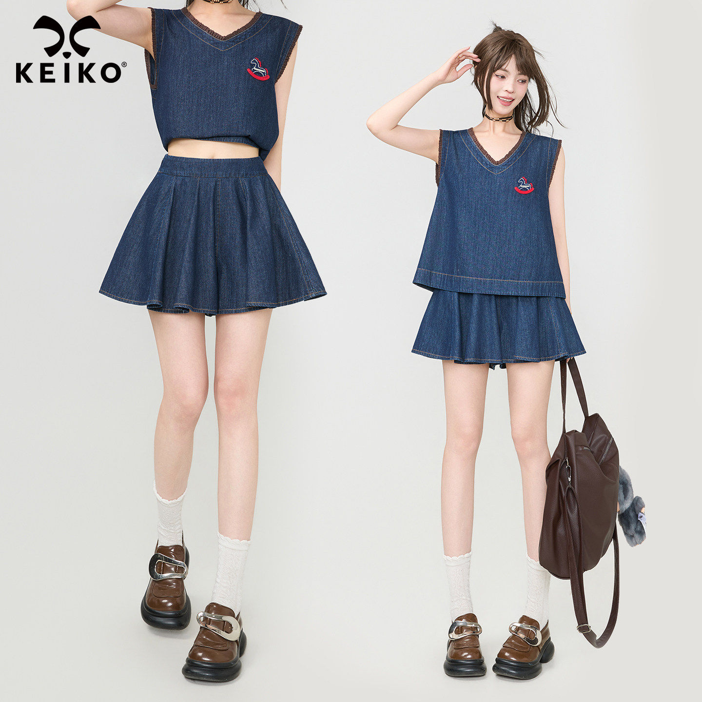KEIKO 立体感文艺减龄牛仔百褶半身裙夏季复古学院风高腰A字短裙