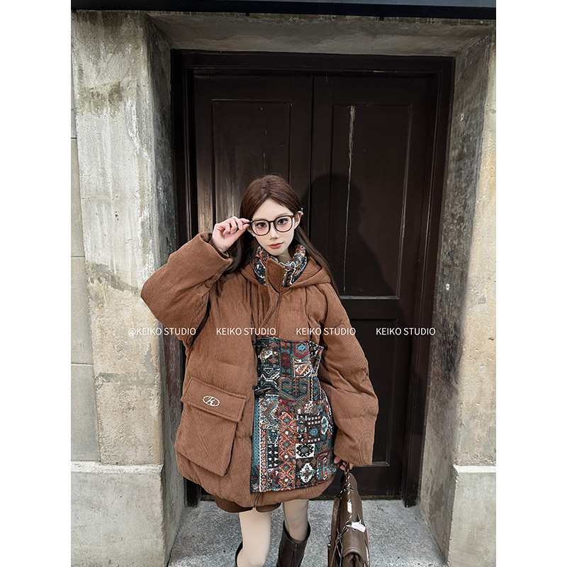 凯莉欧提花拼接软糯灯芯绒棉服