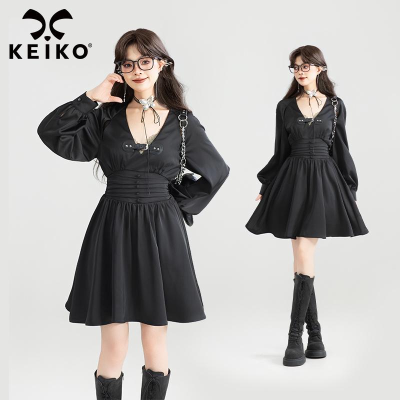 KEIKO法式褶间收腰黑色连衣裙