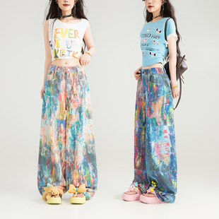 KEIKO 夏日调色盘涂绘花色牛仔裤薄款夏季多巴胺穿搭阔腿裤弯刀裤