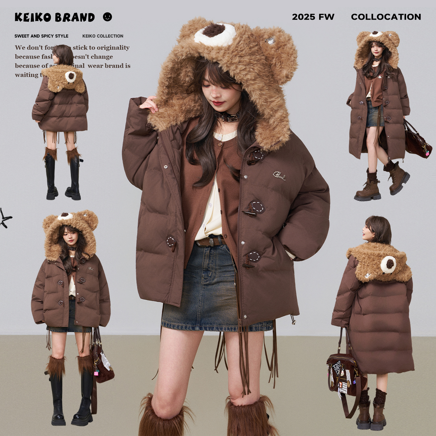 KEIKO 趣味棕熊连帽牛角扣棉服外套冬季复古加厚保暖宽松短款棉袄