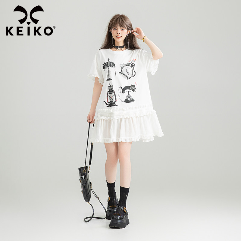 KEIKO印花木耳花边白色连衣裙