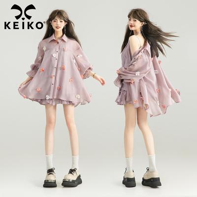 KEIKO [立体花朵] 淡紫色薄纱衬衫女25夏季独特漂亮防晒开衫上衣