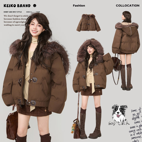 KEIKO 可卸大毛领短款牛角扣棉服外套女冬季深冬复古加厚连帽棉袄