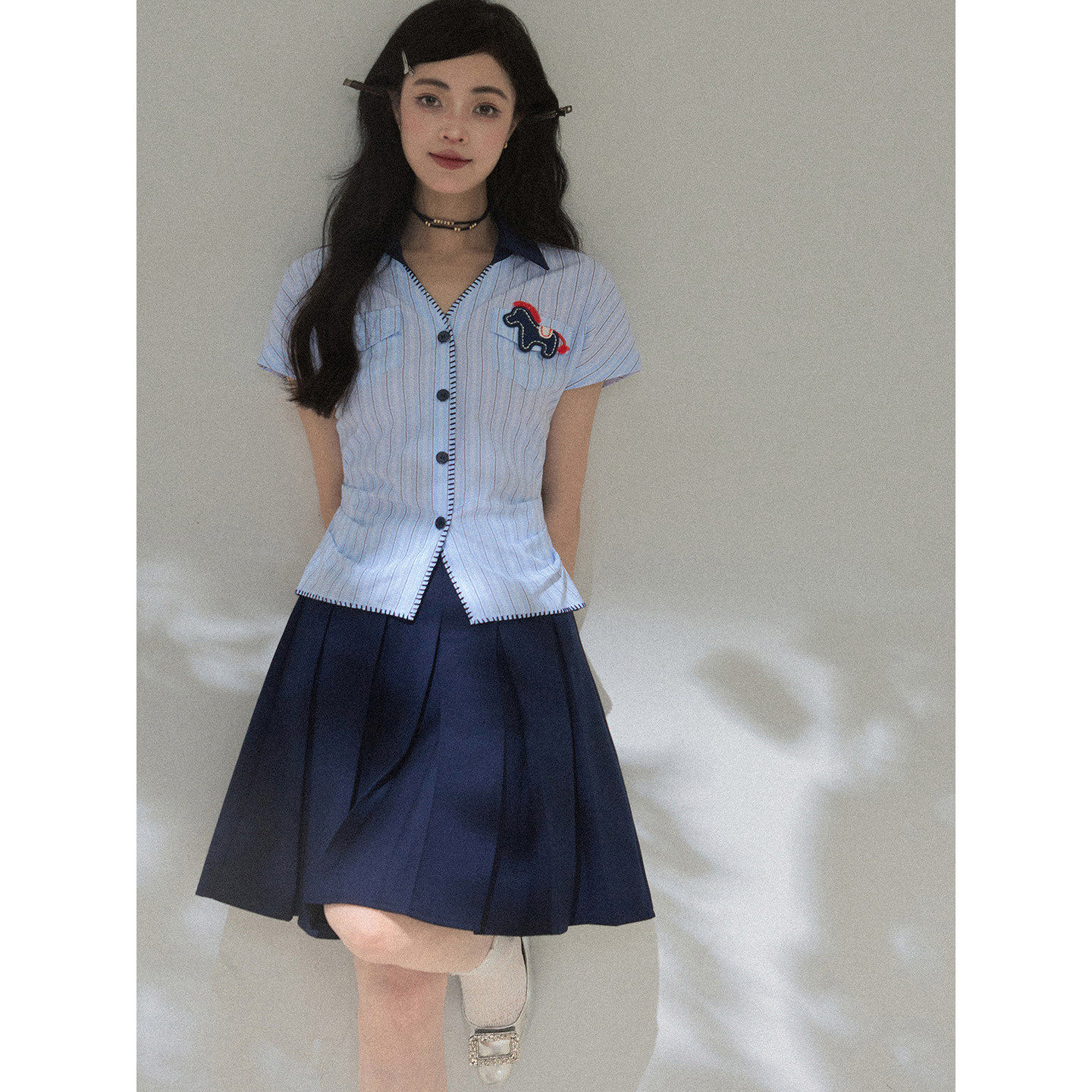 KEIKO韩系藏青色宽褶百褶裙夏季学院风显瘦高腰A字西装半身裙中裙