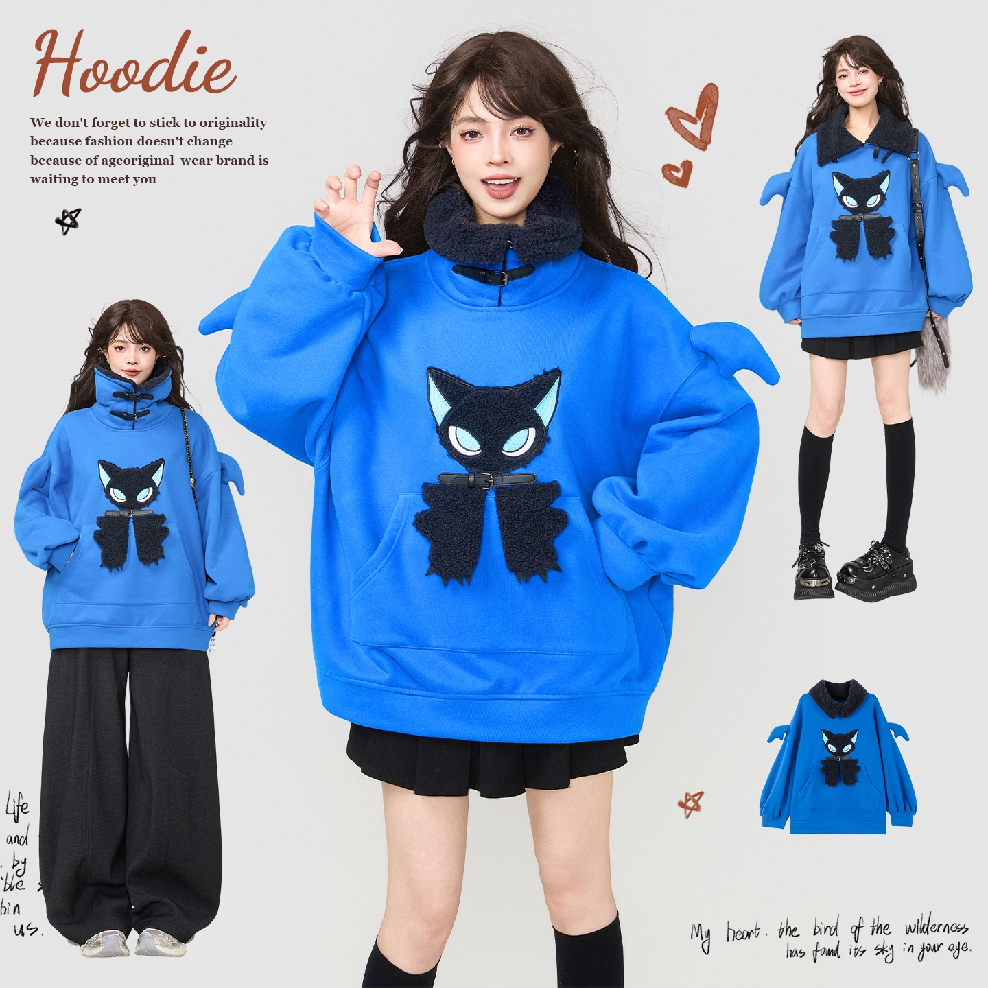 KEIKO[加密绒] 小恶魔绣花蓝色加厚卫衣秋冬鬼马少女毛绒翻领外套