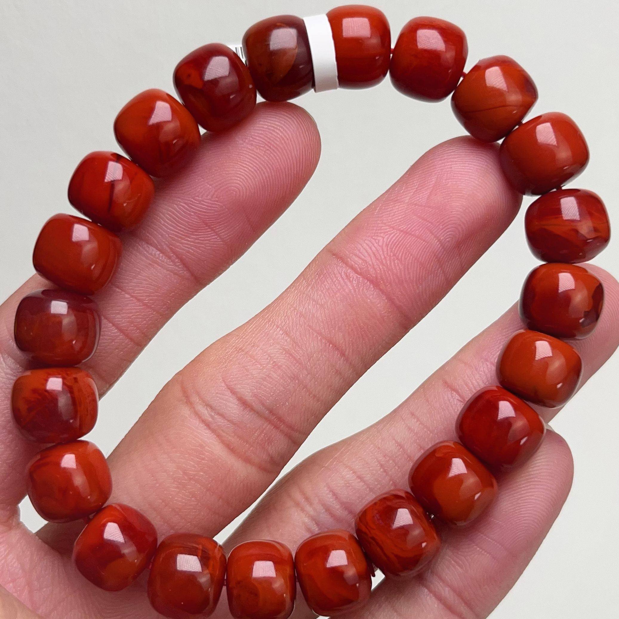 2107F103凉山瓦西料南红双色牛血火焰单圈手串