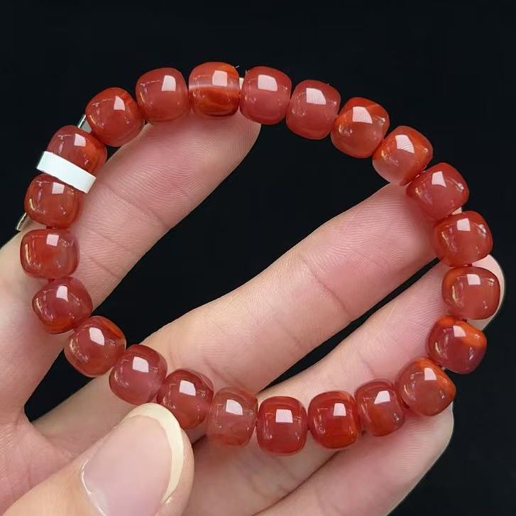 398C02凉山瓦西料南红双色玫锦老型单圈手串