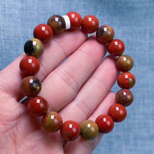 3703F104大山包南红三彩包浆单圈手串