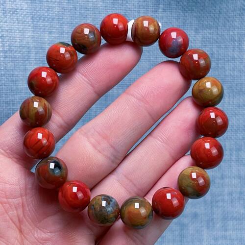 4301F104大山包原矿包浆南红三彩包浆单圈手串