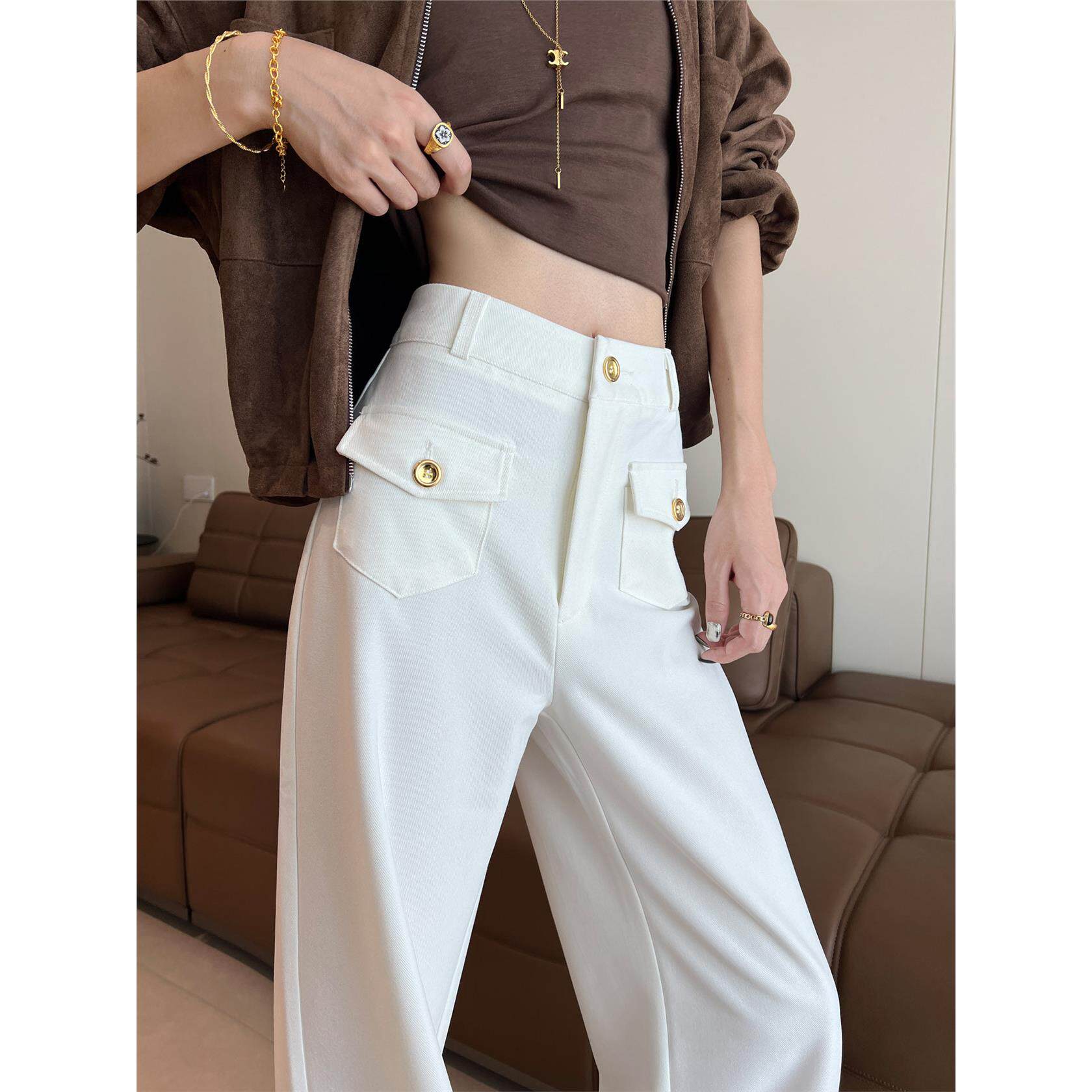 白色阔腿裤女2025春秋季新款高腰垂感显瘦窄版西装裤休闲直筒裤