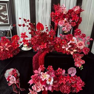 1688天津市武清区莫奈花语工艺品厂酒红色系仿真花材婚庆餐厅酒店