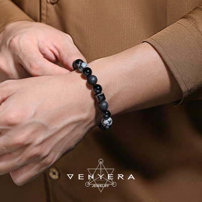 天然雪花石火山黑玛瑙水晶高级感原创设计情侣男女小众送礼手链