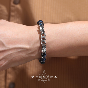 天然蓝虎眼黑曜石龙头钛钢高级感原创设计情侣男女小众送礼手链