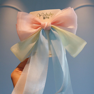 多巴胺彩色蝴蝶结公主发夹女童珠光高级感飘带发卡儿童后脑勺头饰