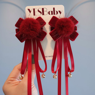 过新年喜庆汉服发夹儿童可爱毛球丝绒蝴蝶结国风飘带对夹公主头饰