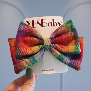 双层毛呢格纹大蝴蝶结发夹儿童头饰秋冬时尚女孩公主马尾顶夹发卡