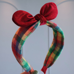 儿童秋冬复古丝绒立体兔耳朵发箍女孩可爱彩色格纹压发头箍不勒头