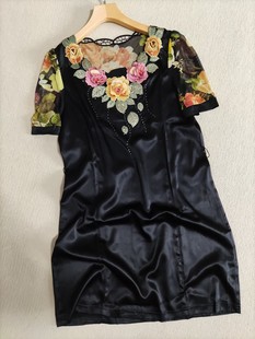 桑蚕丝时尚减龄绣花连衣裙真丝弹力缎蕾丝中长裙修身显瘦妈妈裙夏