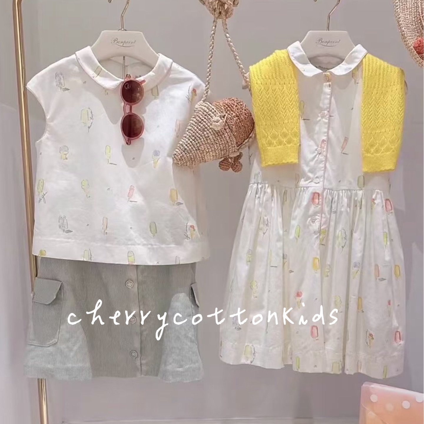 高定系列 女童夏季新款冰淇淋全棉翻领衬衫+连衣裙背心裙无袖裙子