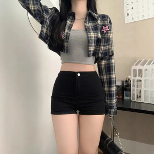 黑色弹力紧身牛仔短裤 子潮贸易 女夏季 显瘦性感辣妹a字高腰热裤