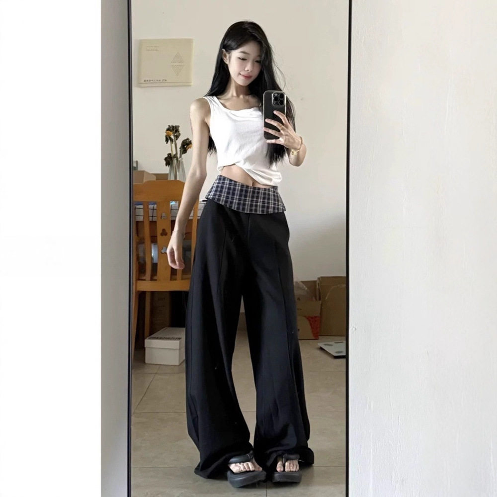 加长版美式拼接格纹设计感西装裤女2025秋季宽松显瘦垂感阔腿