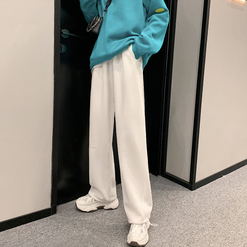 白色阔腿裤女高腰秋冬垂感加绒运动裤子宽松束脚直筒卫裤休闲 裤