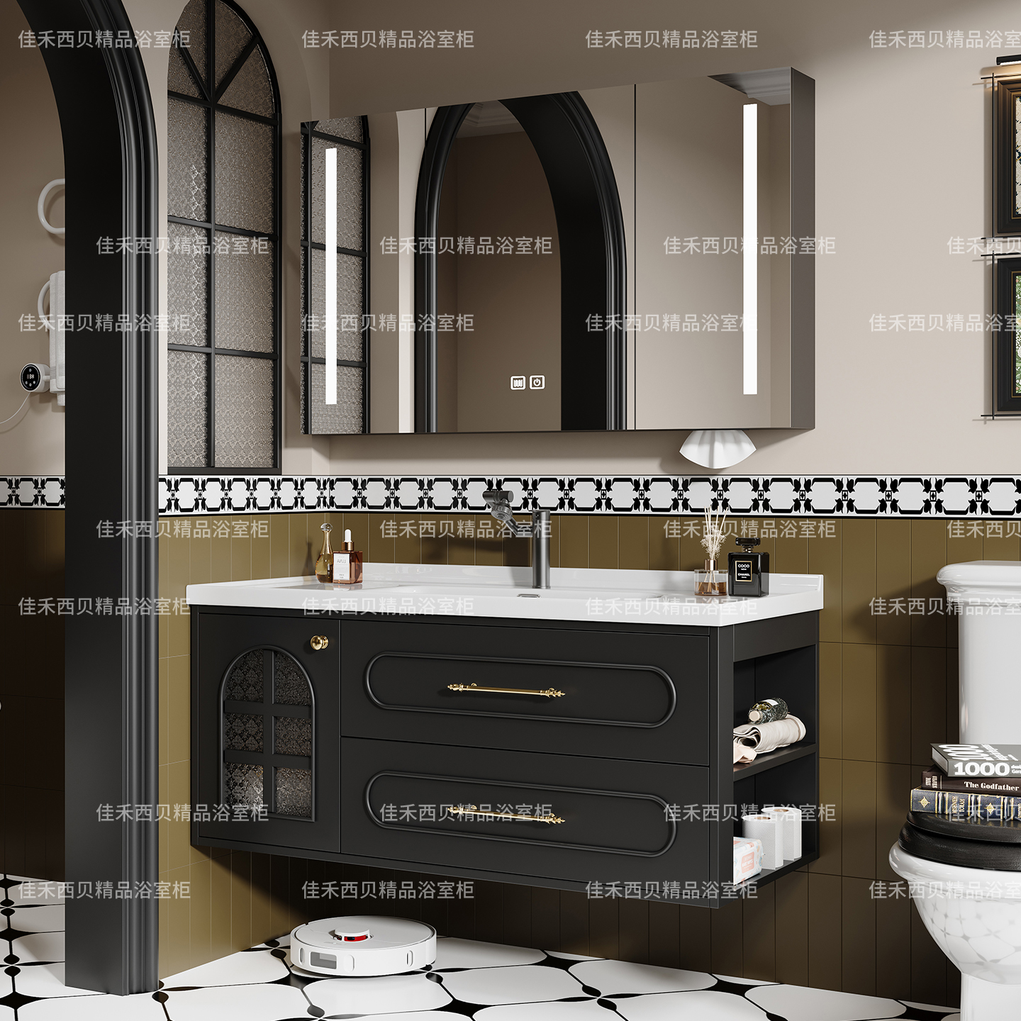 法式复古浴室柜组合黑色侧边收纳