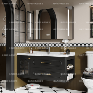 法式复古浴室柜组合黑色洗手盆柜洗漱台洗脸盆陶瓷盆卫浴侧边收纳
