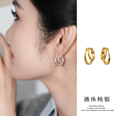 通体S925纯银  小众设计感弧形双层个性耳环简约耳钉耳夹耳圈素圈